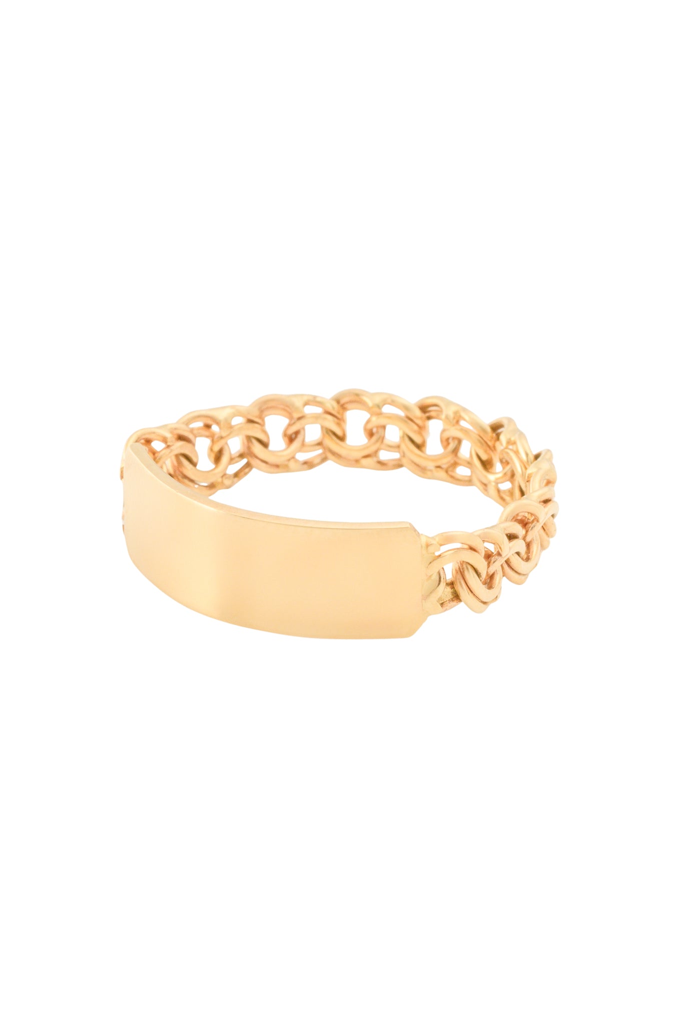 Anillo en 10 kilates con tejido chino y placa lisa para grabado