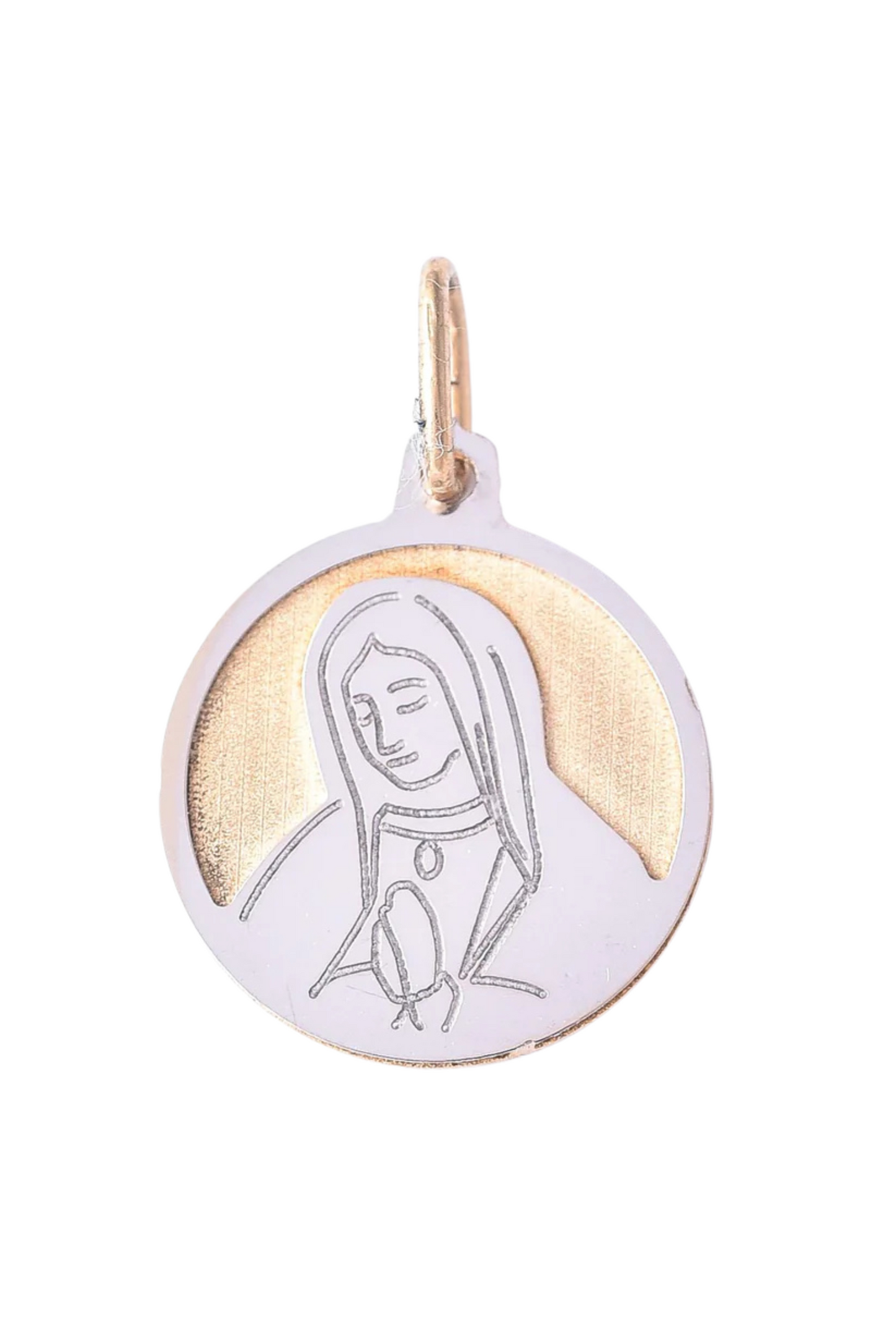 Dije de oro solido de 14 kilates con fomar circular con imagen de Virgen de Guadalupe en oro blanco y fondo oro amarillo