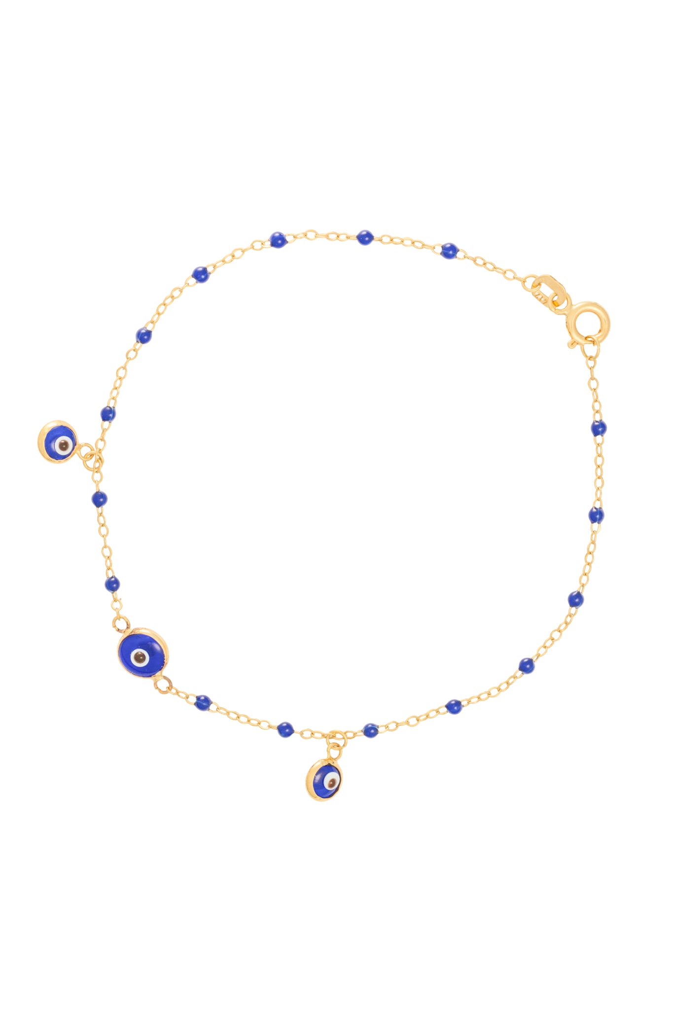 Pulsera 10 kilates bolitas esmaltadas azul rey y dijes ojos.