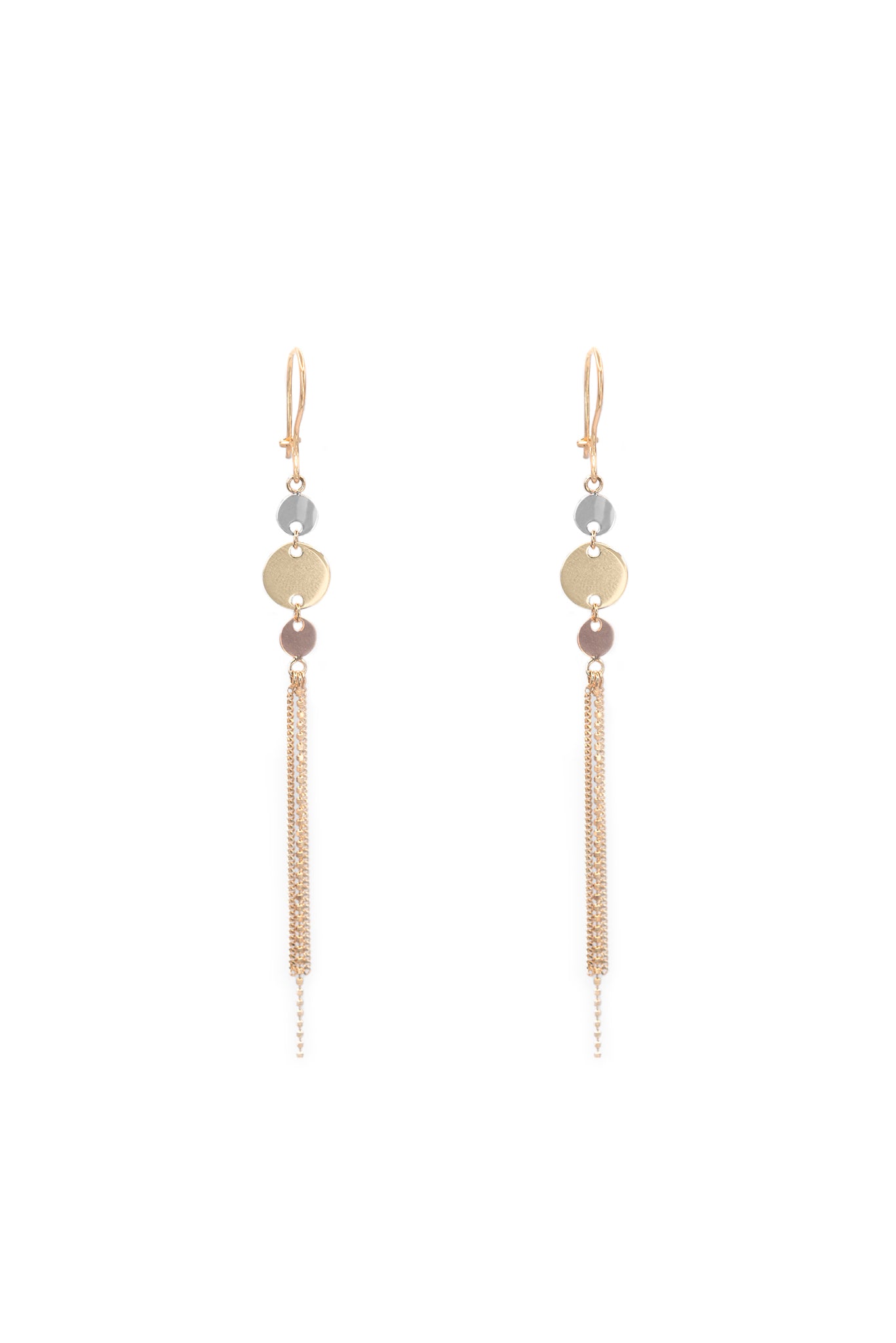 Arete 14 kilates con dijes de tres círculos oro florentino y tres cadenas colgantes.