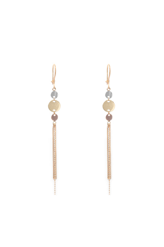 Arete 14 kilates con dijes de tres círculos oro florentino y tres cadenas colgantes.