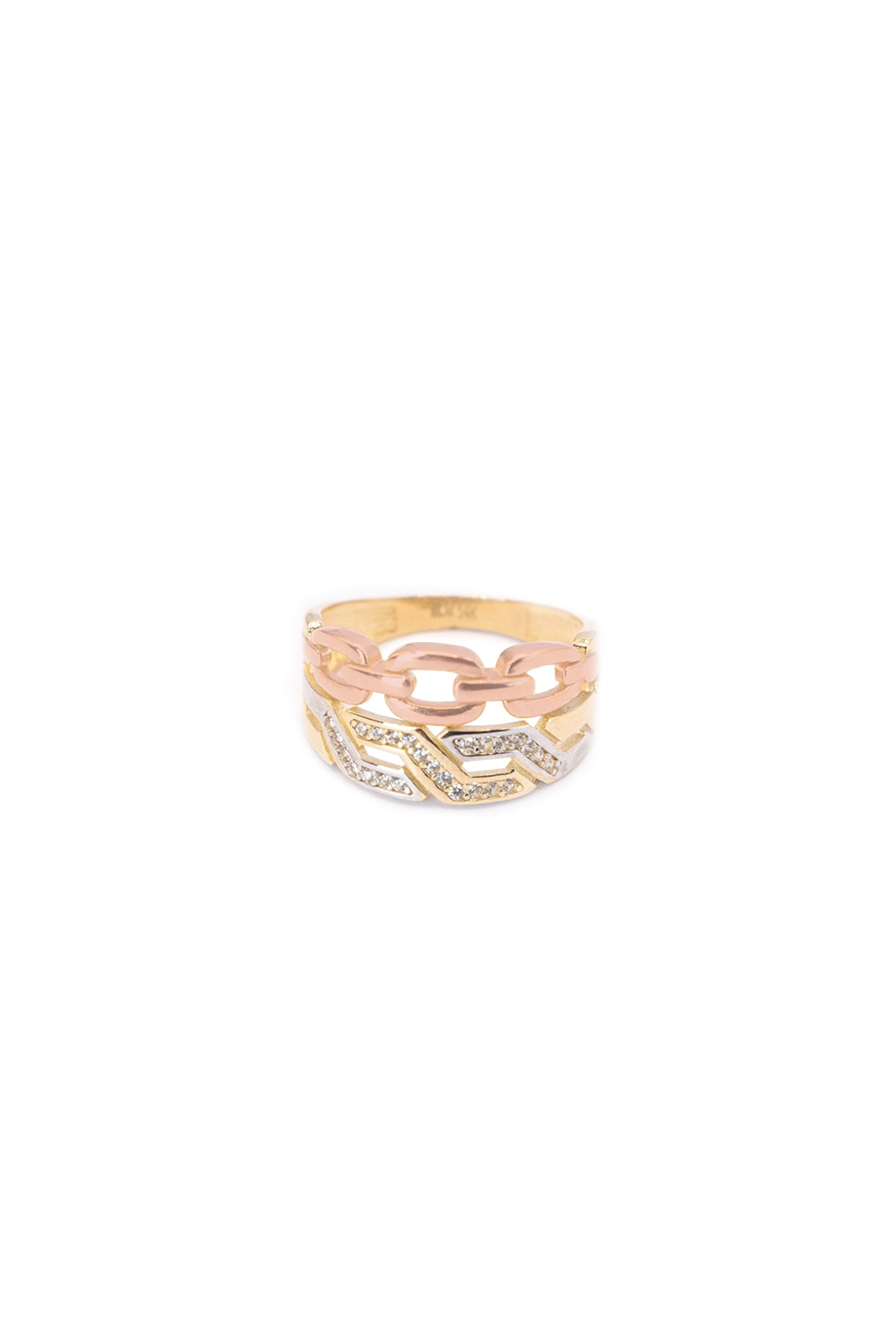 Anillo 14 kilates brazo doble, uno eslabón tipo cadena oro rosa y eslabón cadena oro amarillo y centro zirconias oro blanco biseladas..png