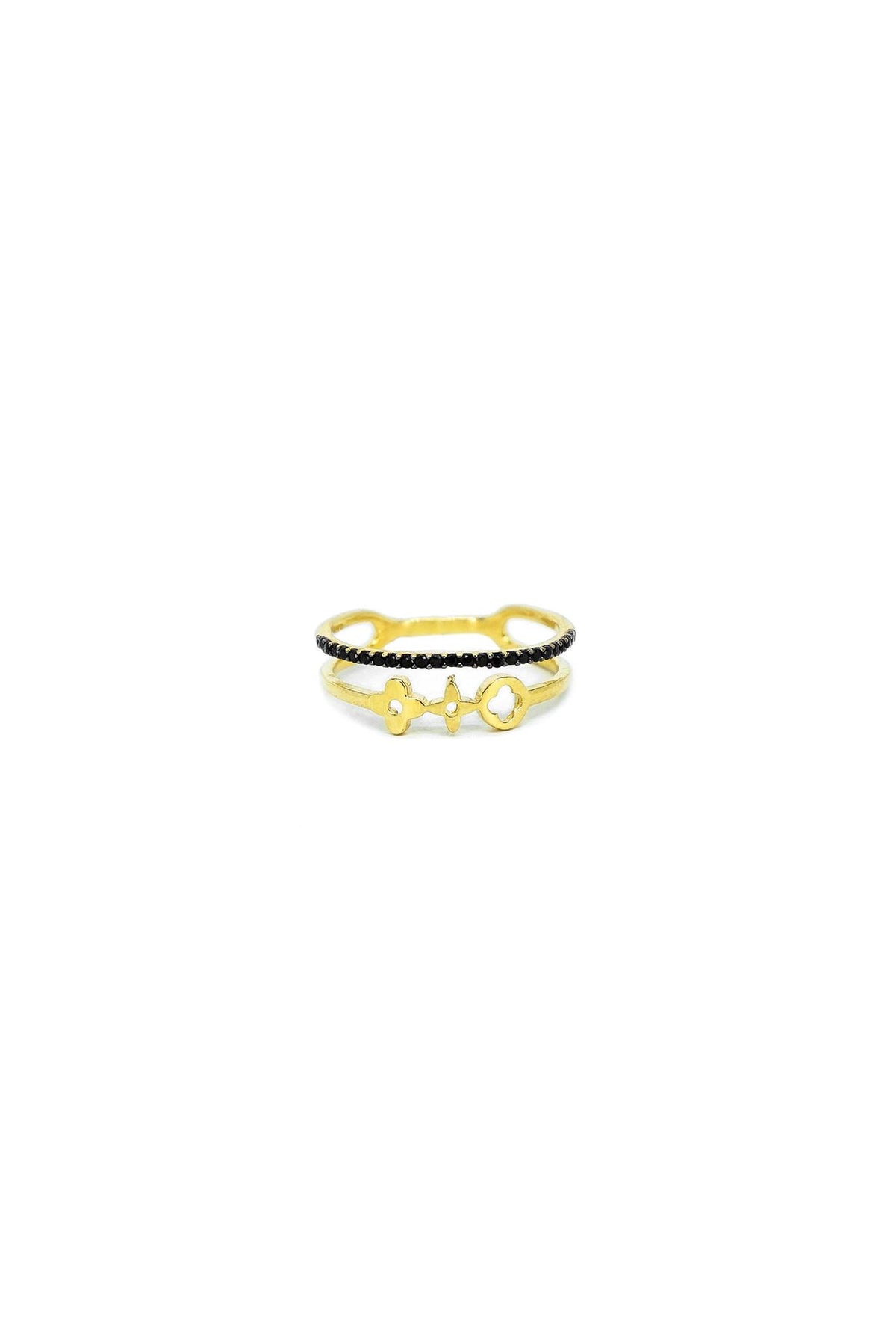 Anillo de 10 kilates de doble brazo con zirconias negras y flores lisas..png