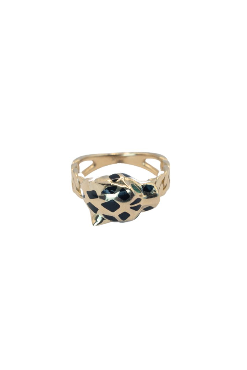 Anillo de 14 kilates de pantera con manchas negras, ojos verdes y brazo de cadena liso..png
