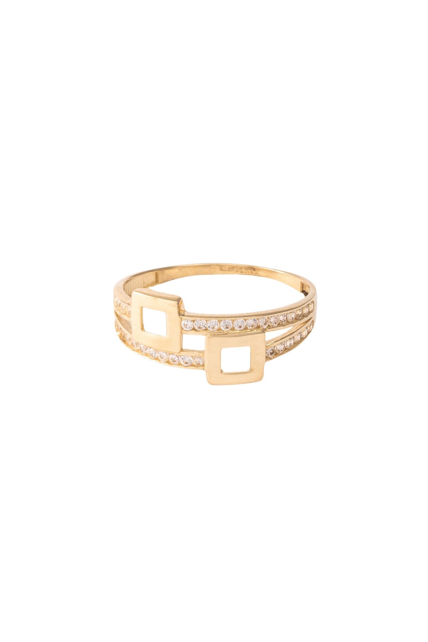 Anillo de oro sólido en 10 kilates con doble fila de zirconias biseladas y cuadros huecos lisos al centro..png