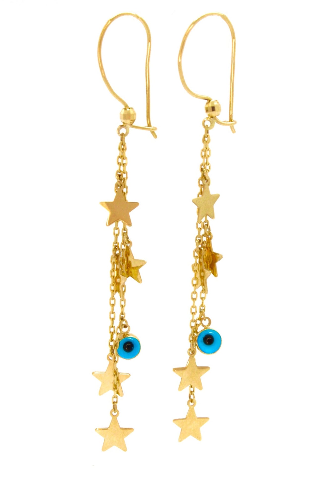 Arete de oro solido de 10 kilates con cadena con estrellas y ojo turco colgando .png