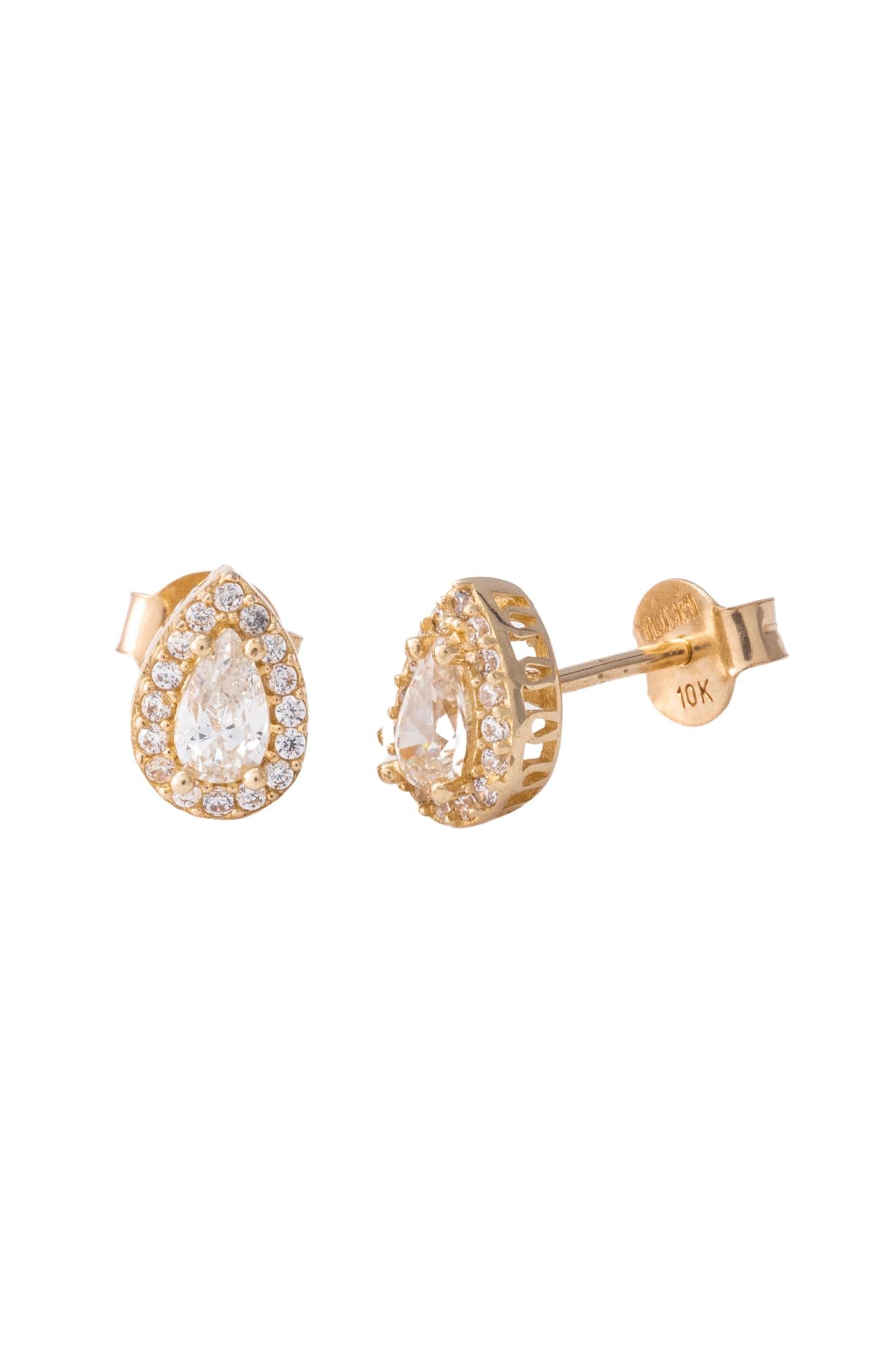 Arete de oro solido en 10 kilates con forma de gota con contorno de zirconia y una zirconia en el centro.png
