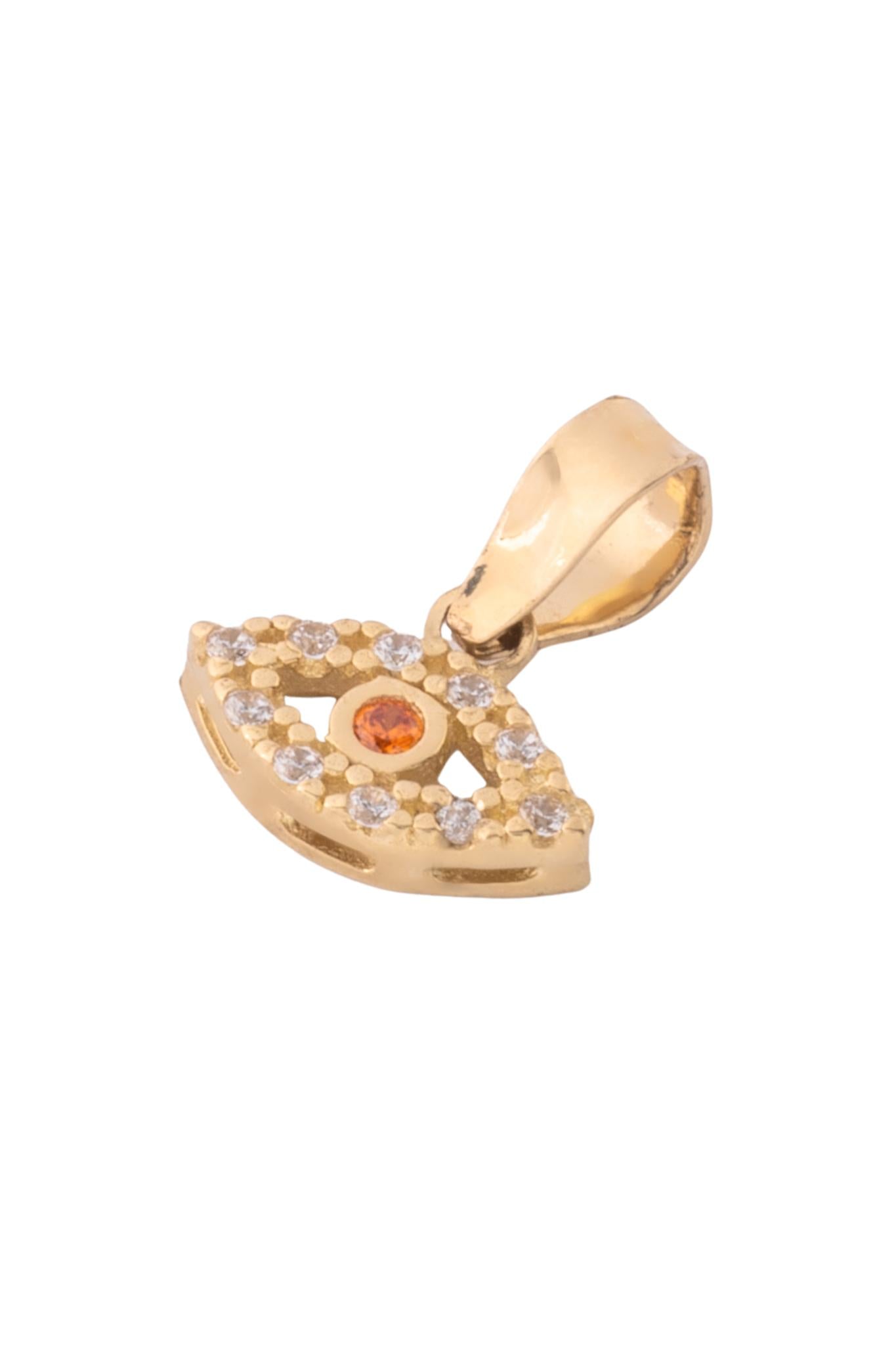Dije de oro solido en 10 kilates con forma de ojo y el centro repleto de zirconia pero en el centro un punto de color naranja.png