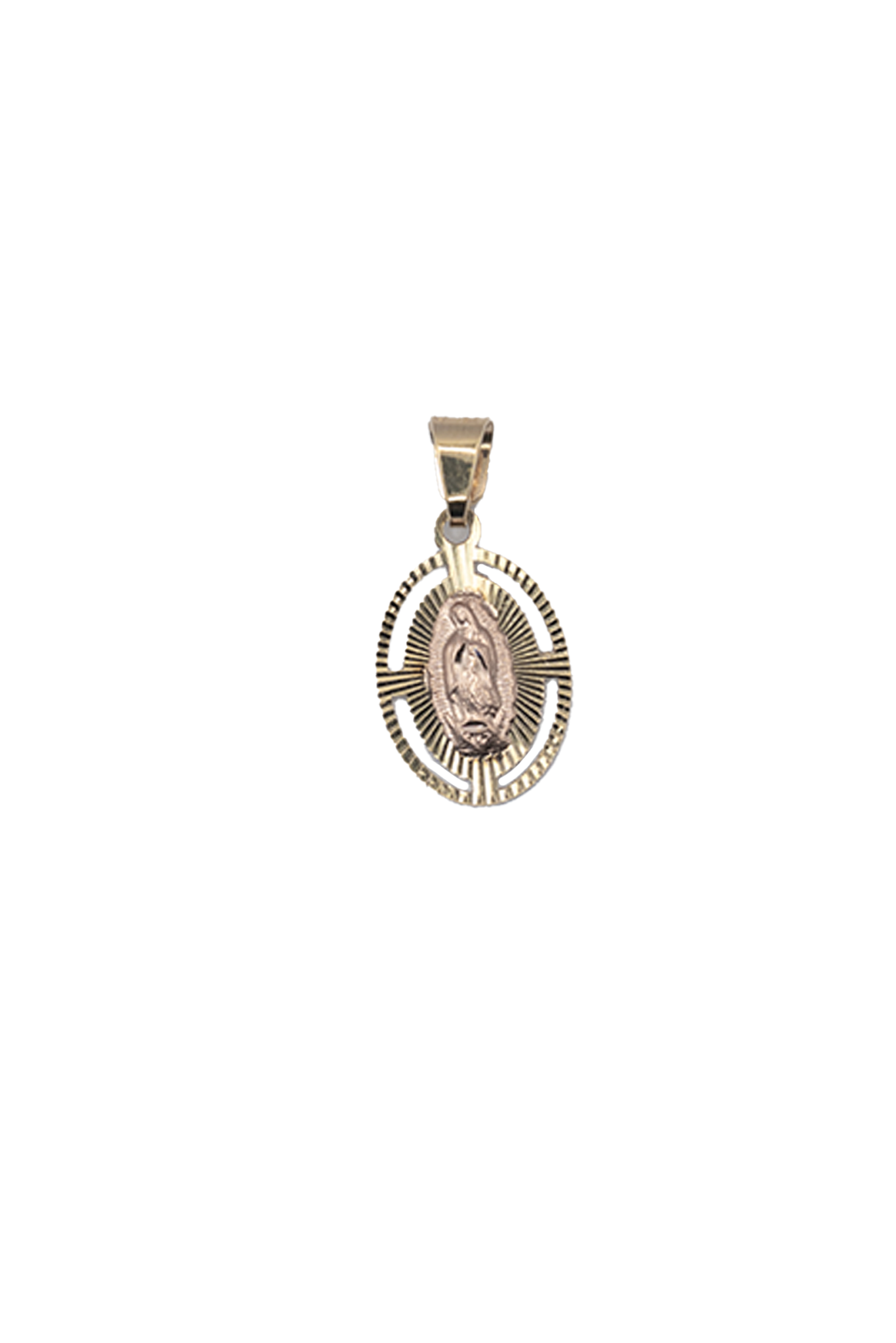 Dije medalla Virgen de Guadalupe al centro oro rosa y contorno hueco con líneas diamantadas..png