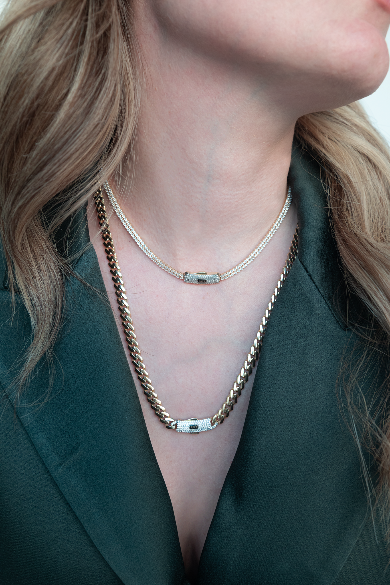 Cadena 10 kilates doble tennis zirconias blancas.