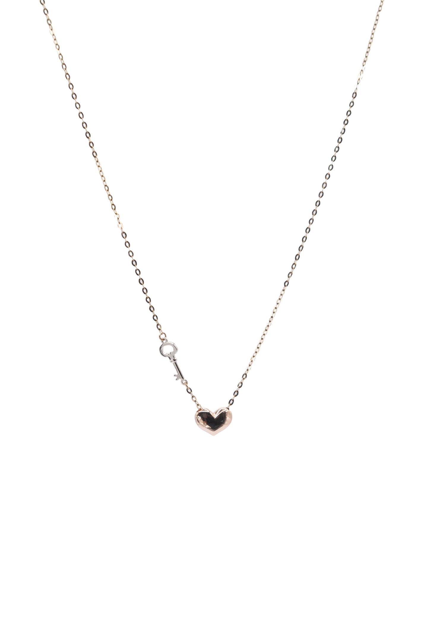 Gargantilla 10 kilates dije de corazón inflado oro rosa y llave oro blanco..png