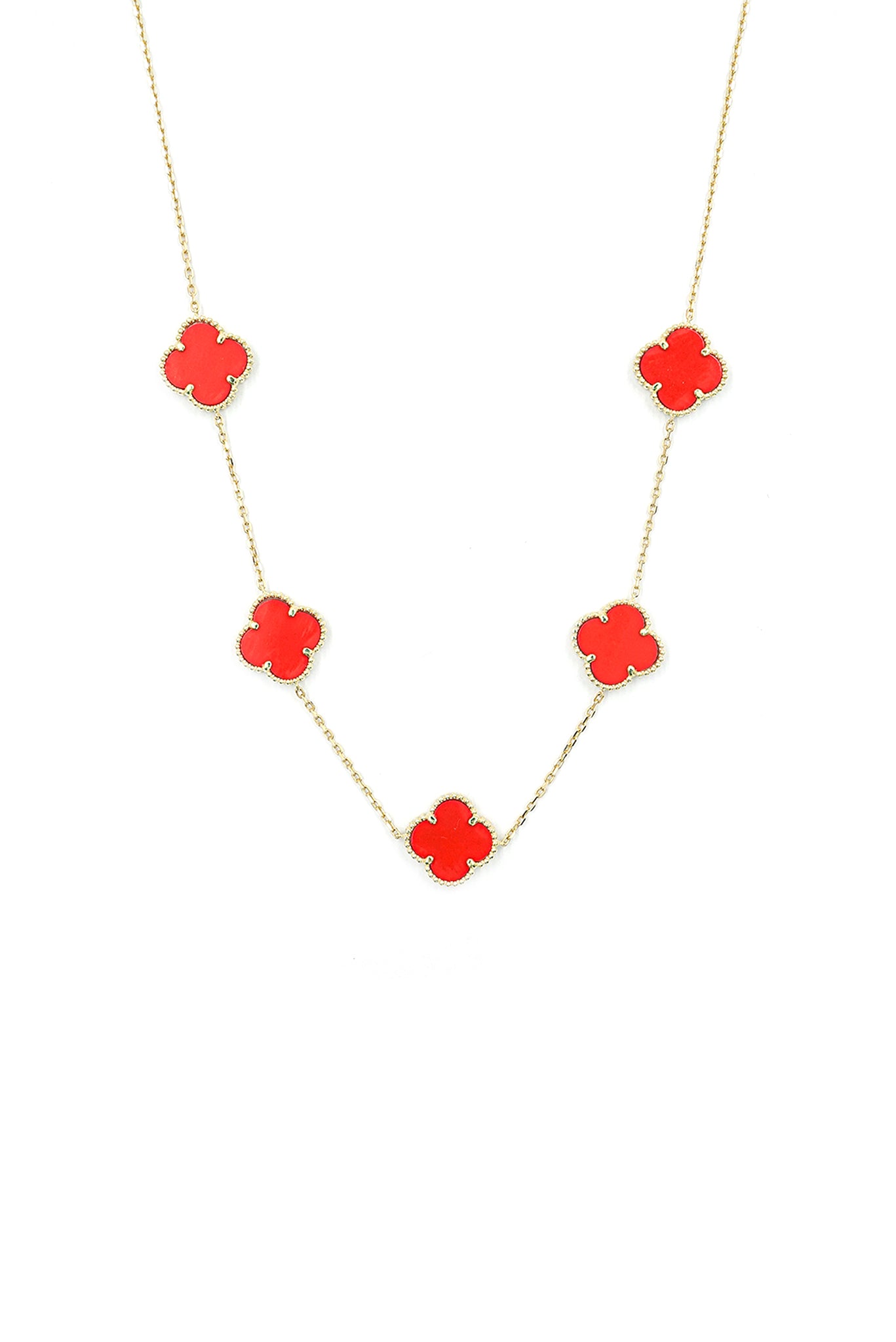 Gargantilla 10 kilates dijes flor de cuatro pétalos rojas grandes..png