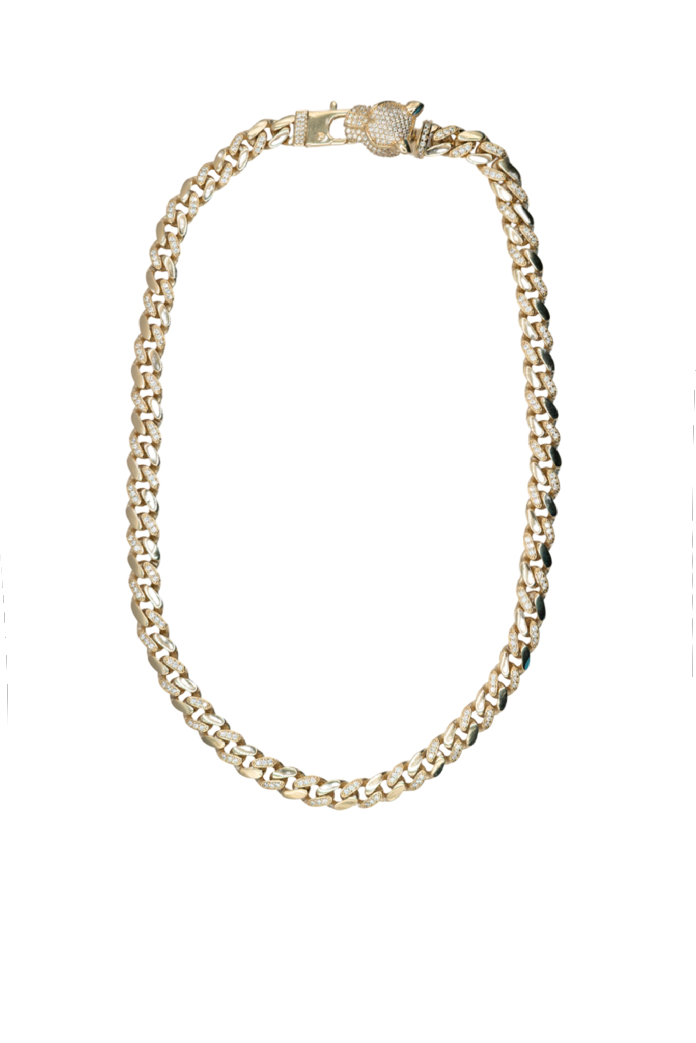 Gargantilla 10 kilates eslabones tipo cubanos, uno liso y uno zirconias y broche con cabeza de pantera tupida zirconias, ojos zirconias verdes..png