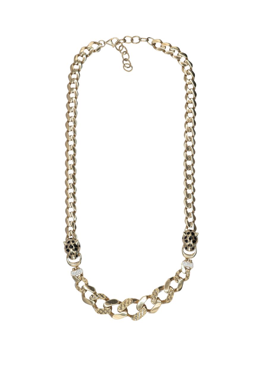 Gargantilla 14 kilates centro eslabones liso y uno diamantado intercalados, dos cabezas de panteras..png