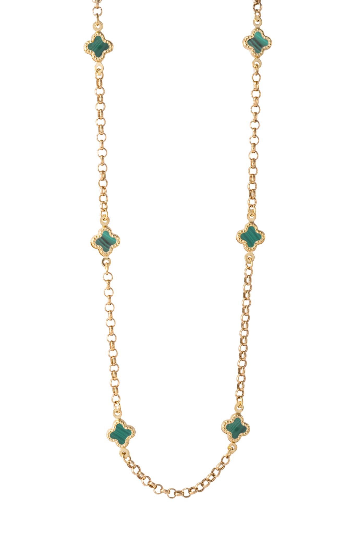 Gargantilla de oro sólido en 10 kilates con eslabón de círculos enlazados y dijes de flores de cuatro pétalos verde..png