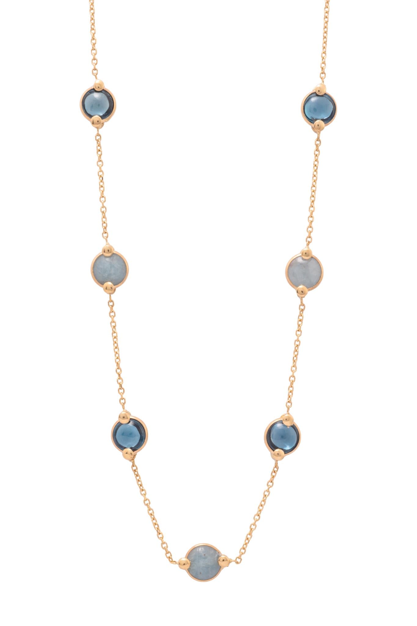 Gargantilla de oro sólido en 14 kilates con dijes de ilolita y aguamarina circulares biseladas en oro..png