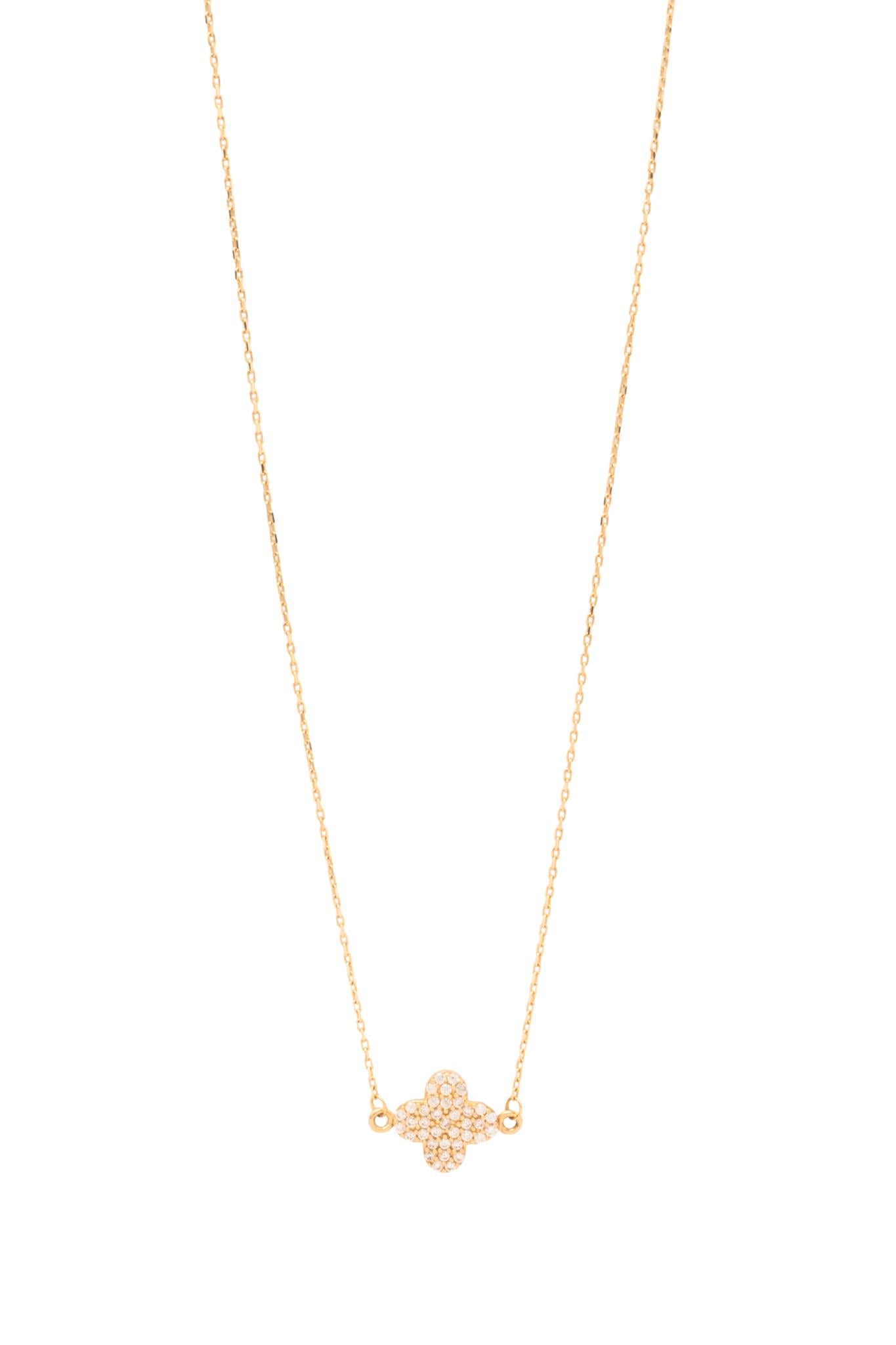 Gargantilla de oro sólido en 14 kilates, flor de cuatro pétalos repleta de zirconia..png