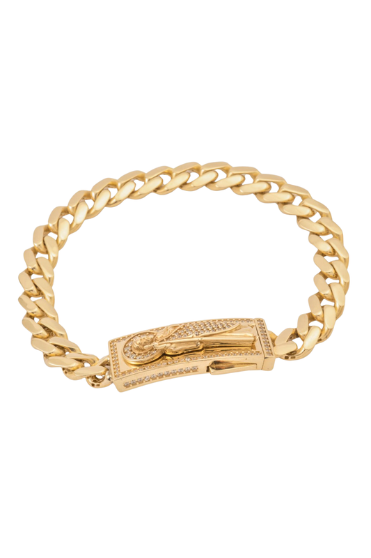 Pulsera de oro sólido en 10 kilates con tejido eslabón cubano y centro placa grande con San Juditas y detalles en zirconias.