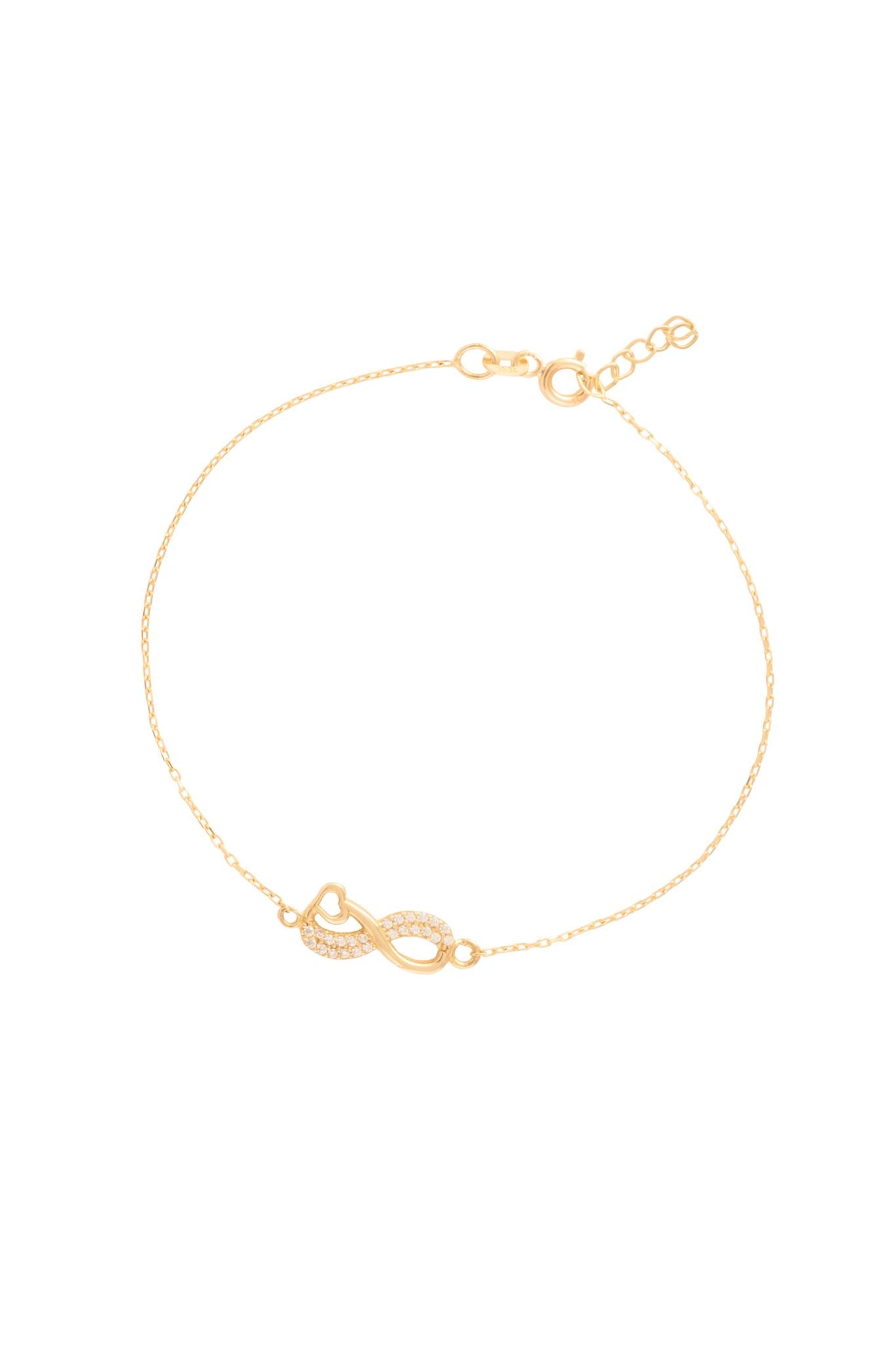 Pulsera 10 kilates con dije de infinito mitad liso, mitad zirconias y corazón enlazado..png