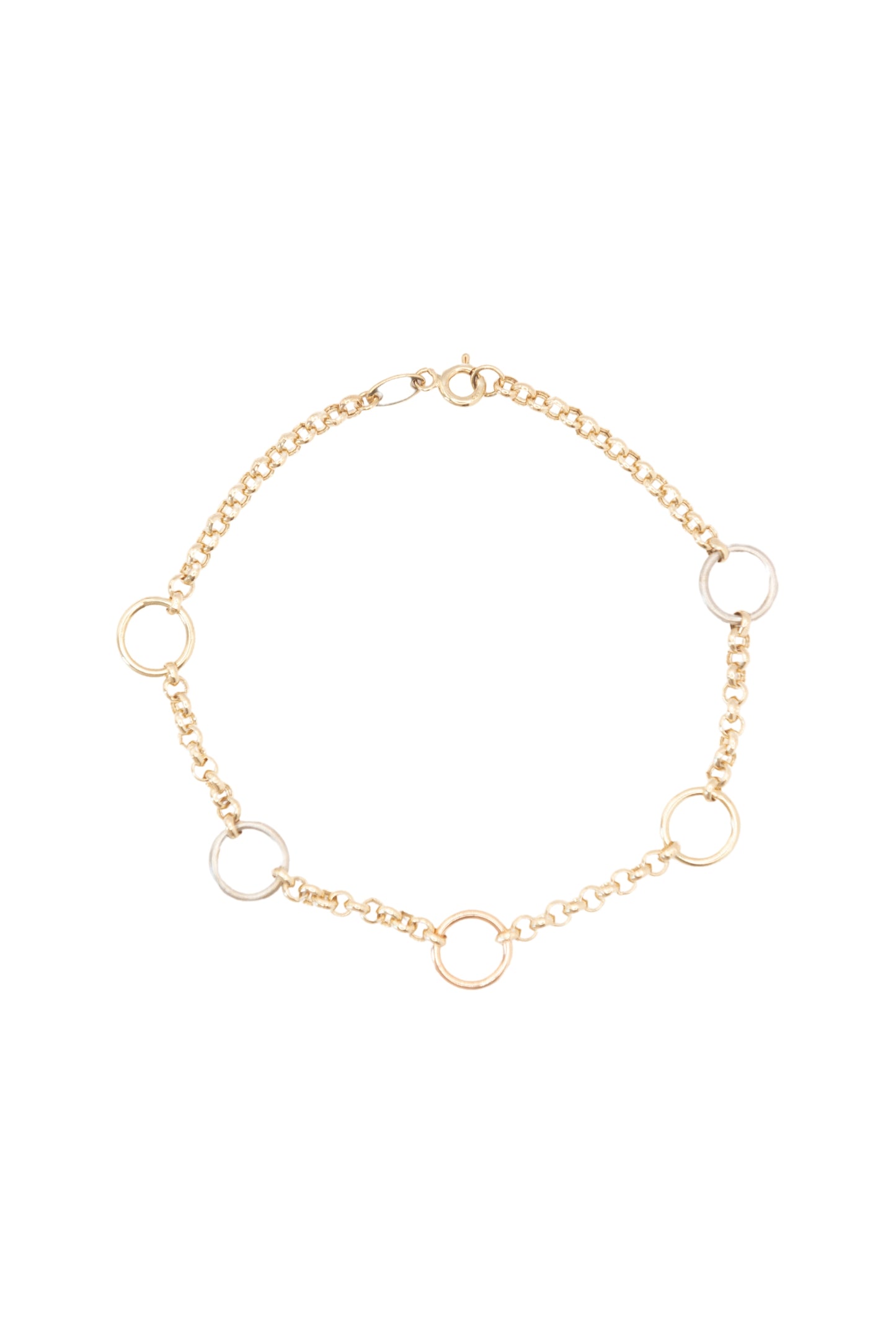 Pulsera 10 kilates eslabones de aros circulares y dijes de aros circulares grandes en oro florentino..png