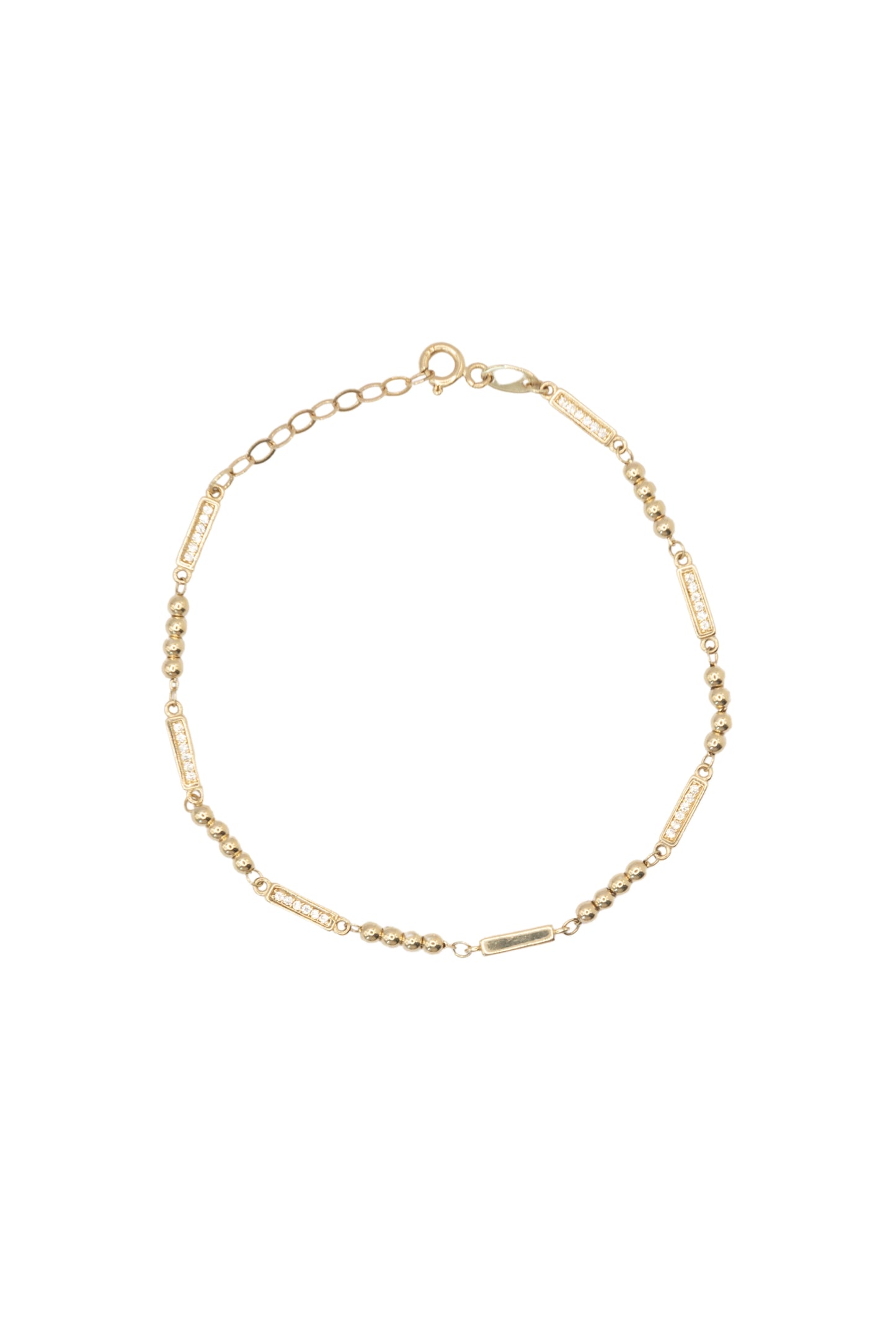 Pulsera 10 kilates eslabones de cuatro bolitas y rectángulos de zirconias..png