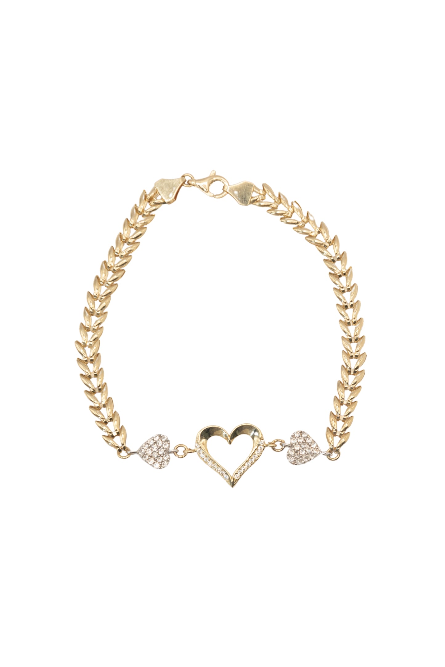 Pulsera 10 kilates eslabones de hojas y centro tres dijes corazones..png