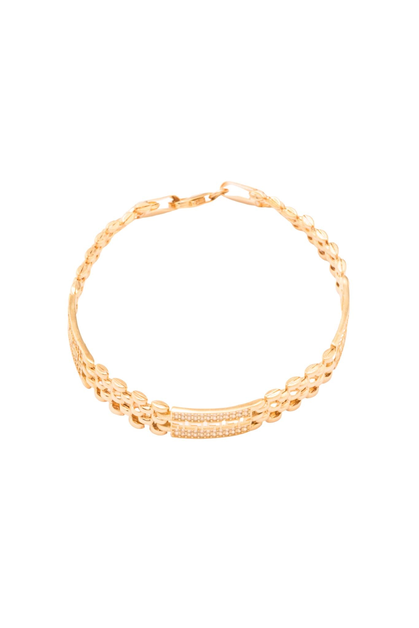 Pulsera 10 kilates estilo de rolex, tres placas de zirconia y grecas al centro..png