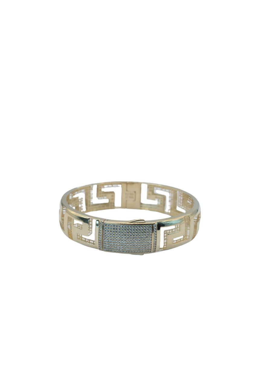 Pulsera aro de oro sólido en 10 kilates grueso con grecas lisas huecas y broche tupido zirconias..png