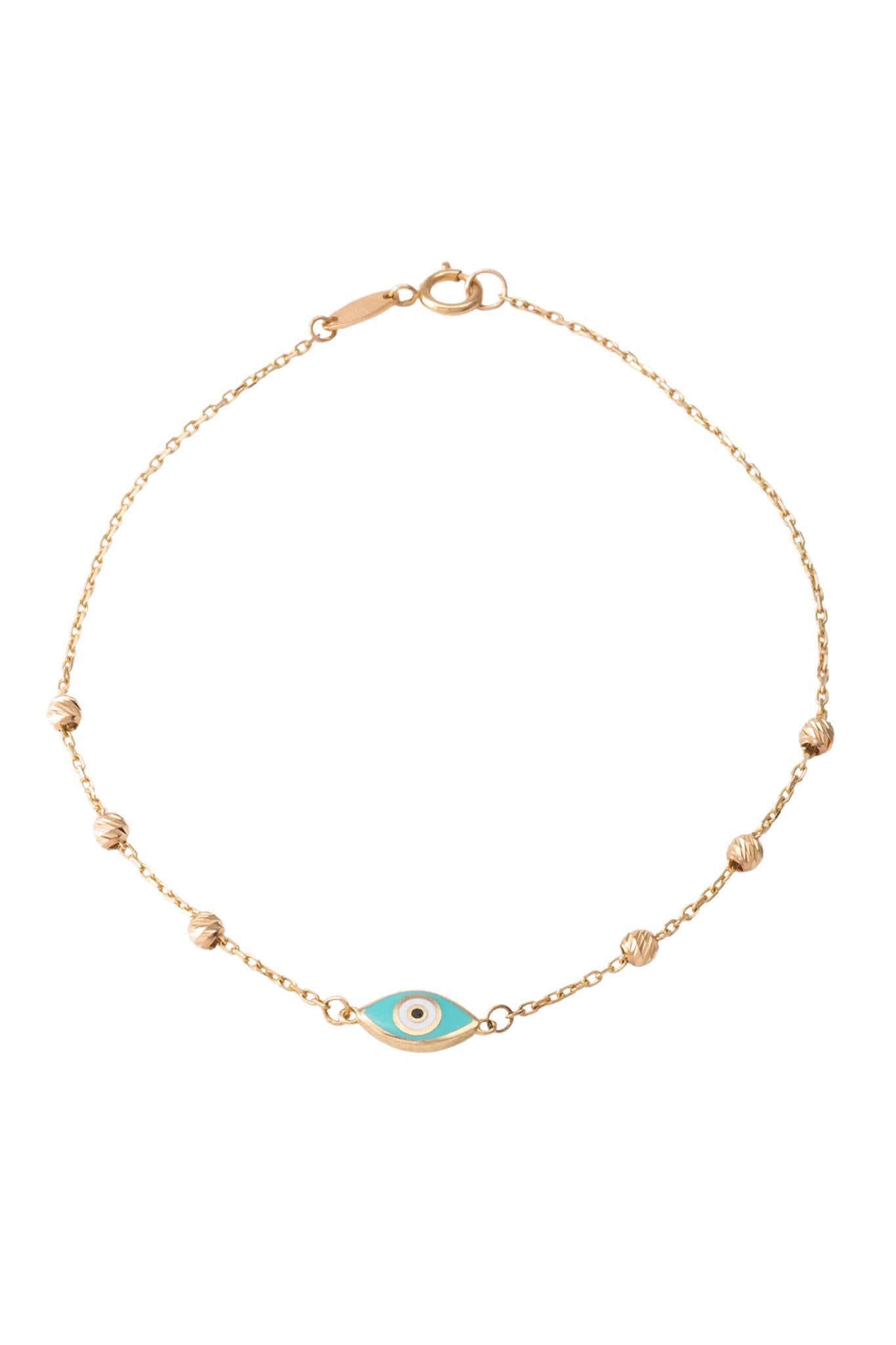 Pulsera de oro sólido en 10 kilates con bolitas diamantadas y ojo semilla esmaltado azul turquesa..png