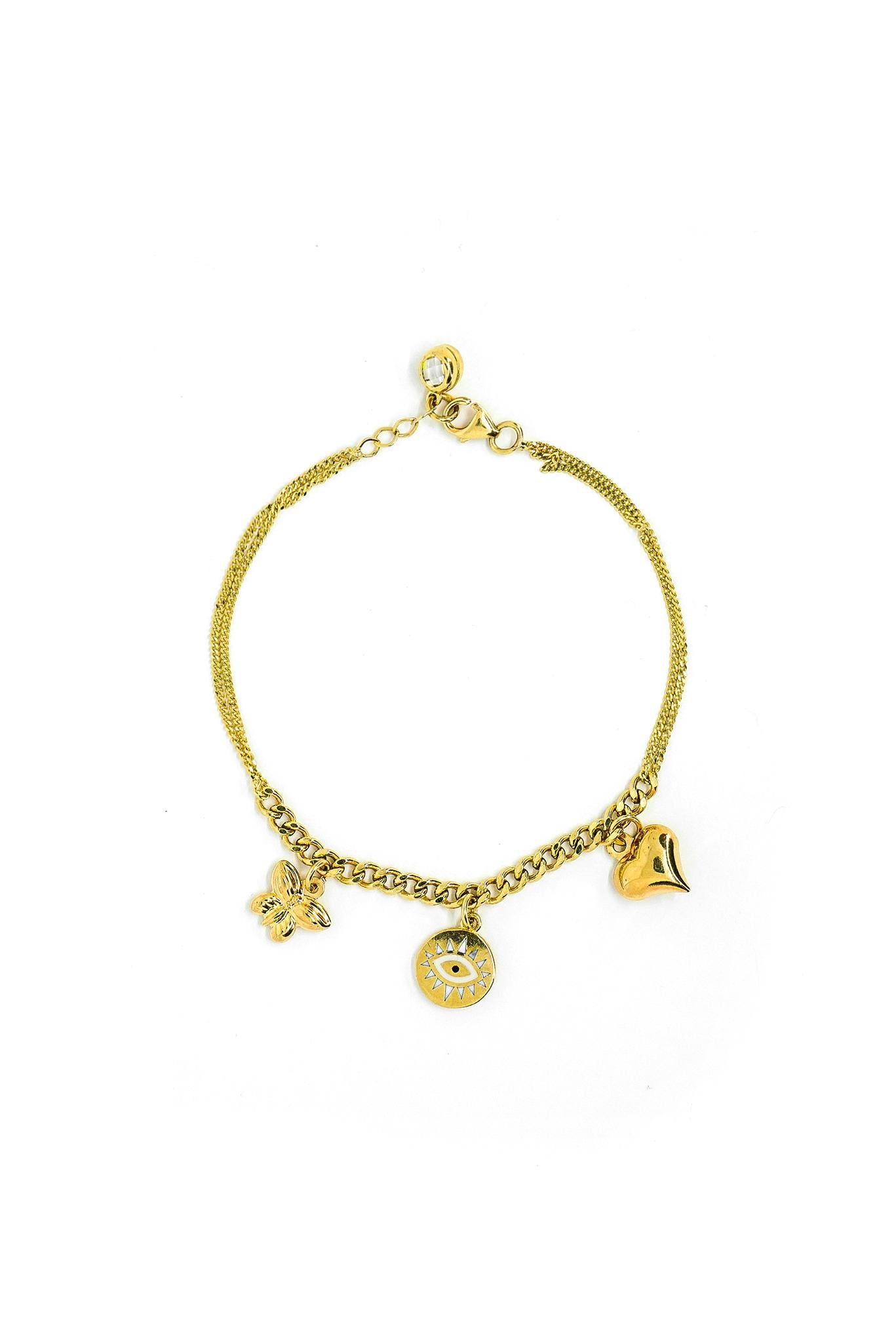 Pulsera de oro sólido en 10 kilates con dije de corazón, placa con ojo y mariposa.png