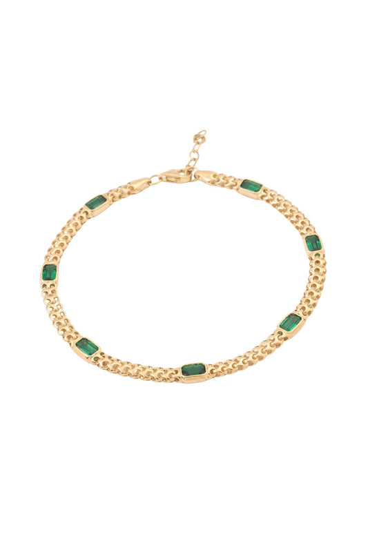 Pulsera de oro sólido en 10 kilates con eslabón de esferas enlazadas y zirconias rectangulares verdes intercaladas..png