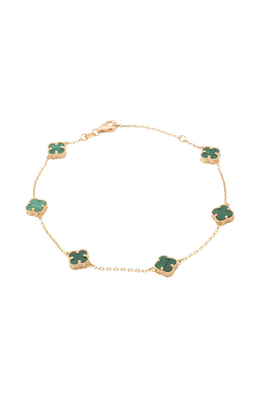 Pulsera de oro sólido en 10 kilates con flores de cuatro pétalos verdes..png