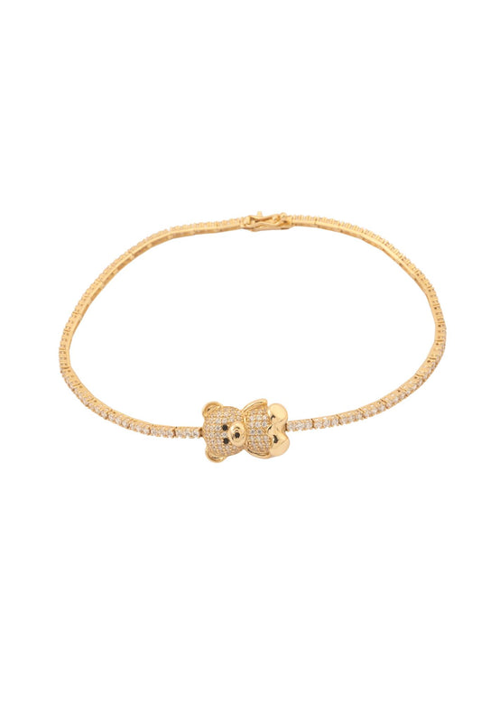 Pulsera de oro sólido en 10 kilates con tejido tennis y centro oso tupido de zirconias..png