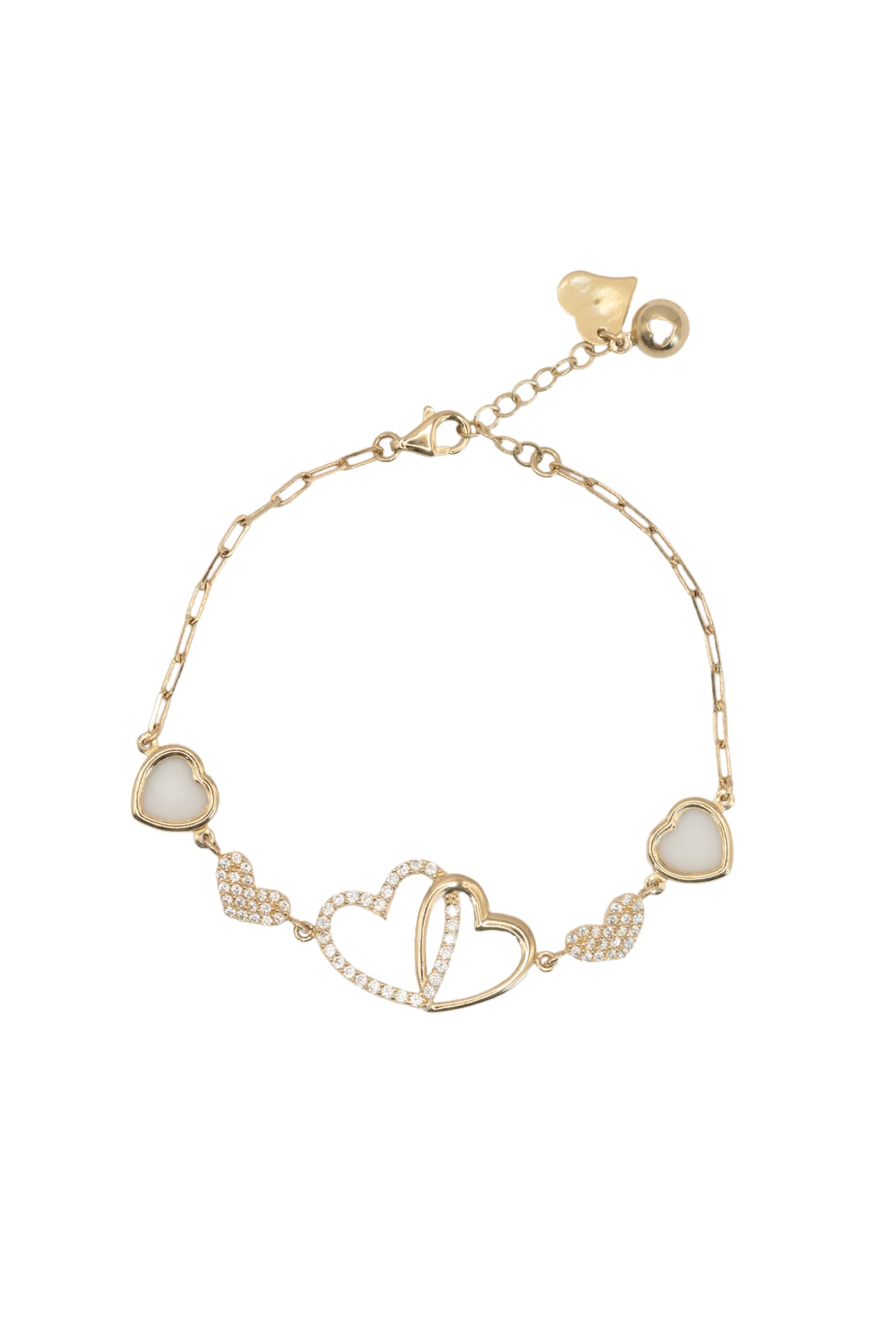 Pulso 14 kilates con dijes de corazones variados, madre perla, zirconias y contorno corazones grandes al centro liso y zirconias enlazados..png