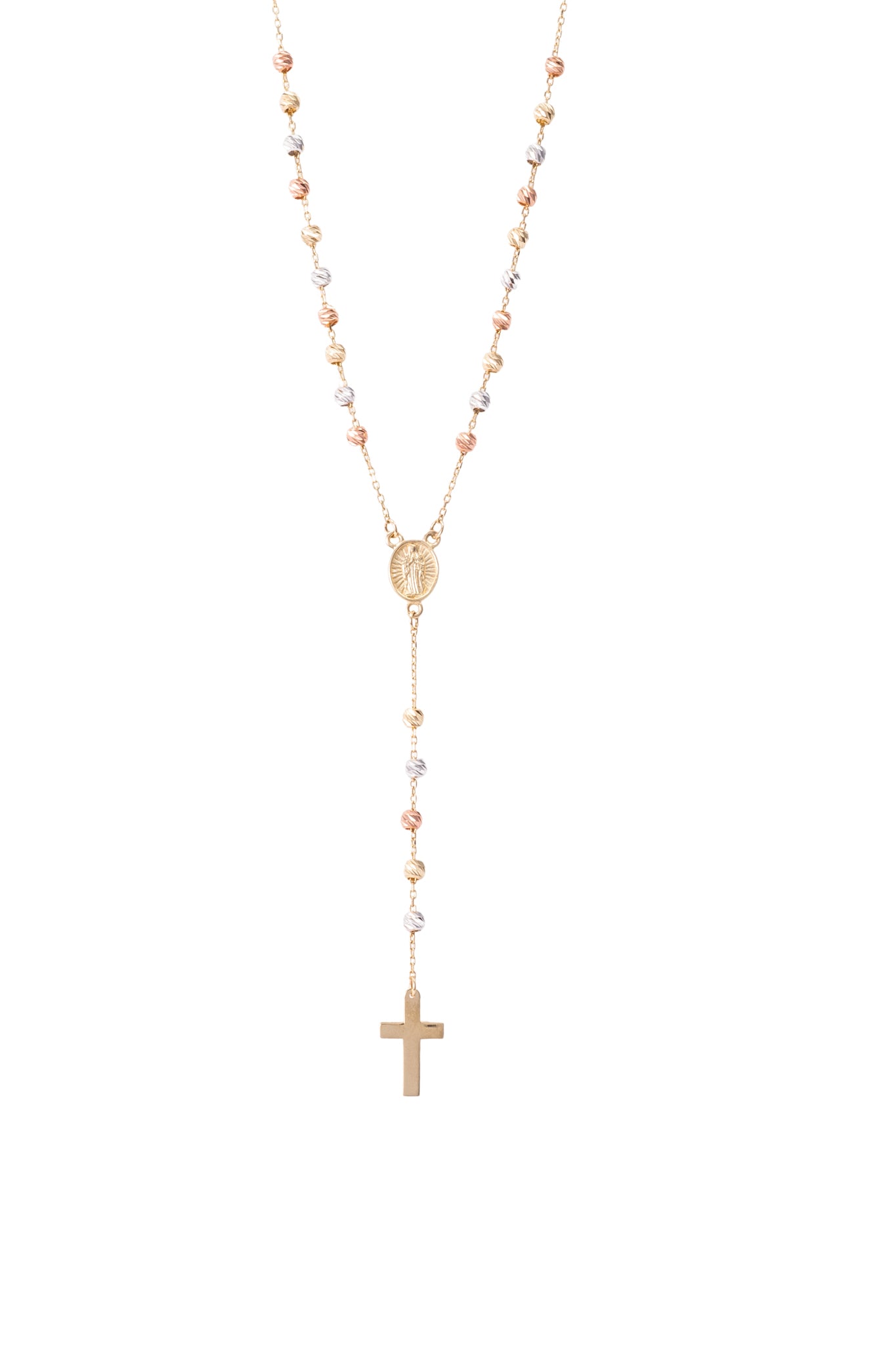 Gargantilla rosario de oro solido en 10 kilates con bolitas de oro florentino grande estilo diamantado con una cruz lisa la finalizar y una virgen