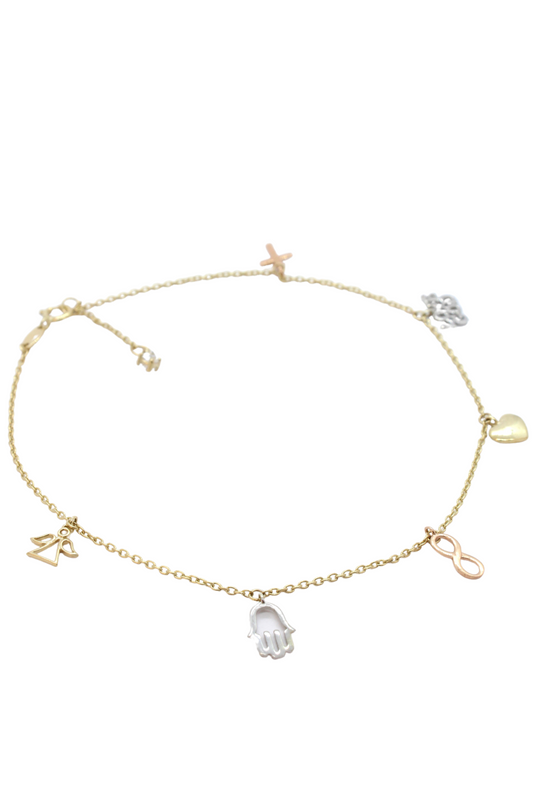 Tobillera oro sólido mano de fatima, infiinio, corazon