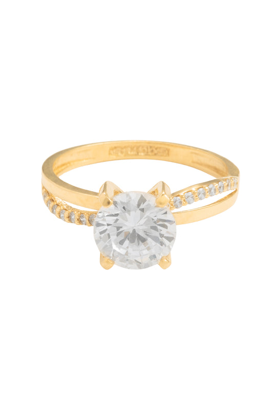 Anillo de compromiso en 10 kilates con zirconia central grande y brazo liso con zirconias
