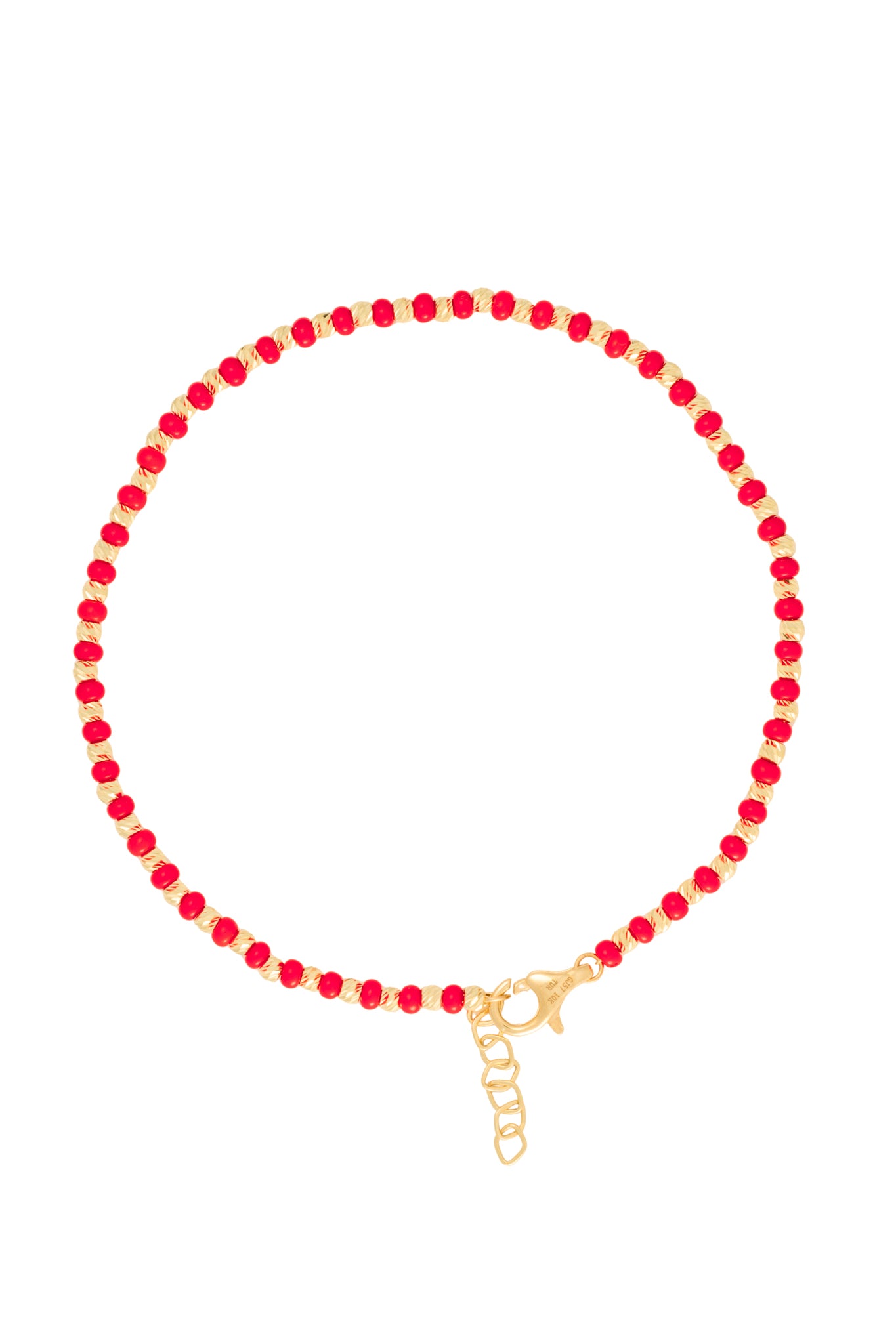 Pulsera 10 kilates bolitas rojas y amarillas diamantadas.
