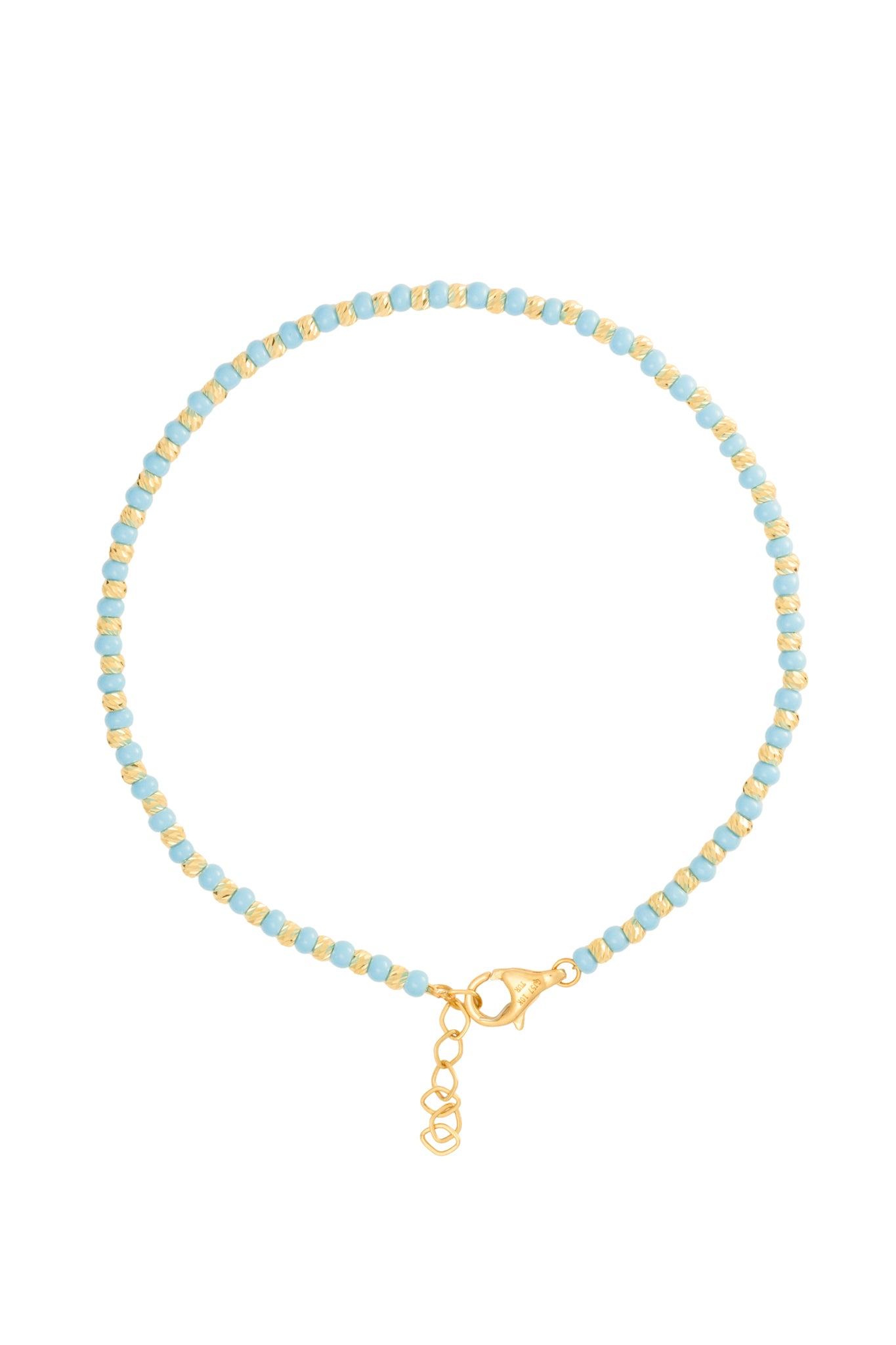 Pulsera 10 kilates bolitas azules y amarillas diamantadas.