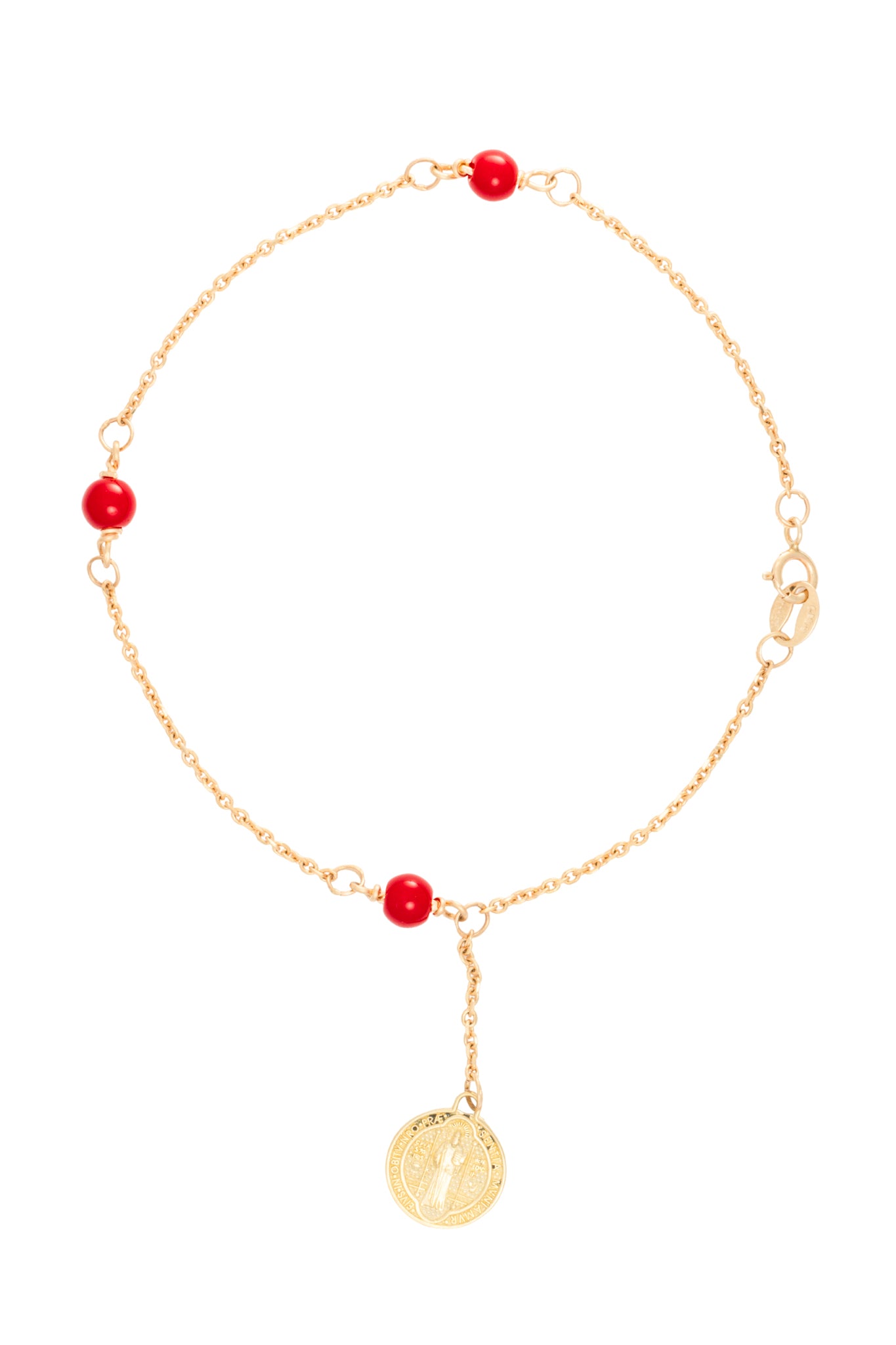 Pulsera 10 kilates bolas rojas y medalla colgante.