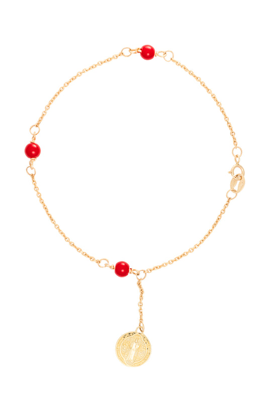 Pulsera 10 kilates bolas rojas y medalla colgante.