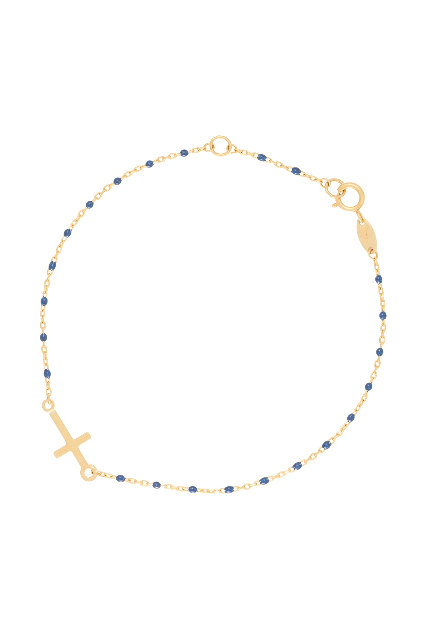 Pulsera 10 kilates bolitas esmaltadas azul rey y cruz.