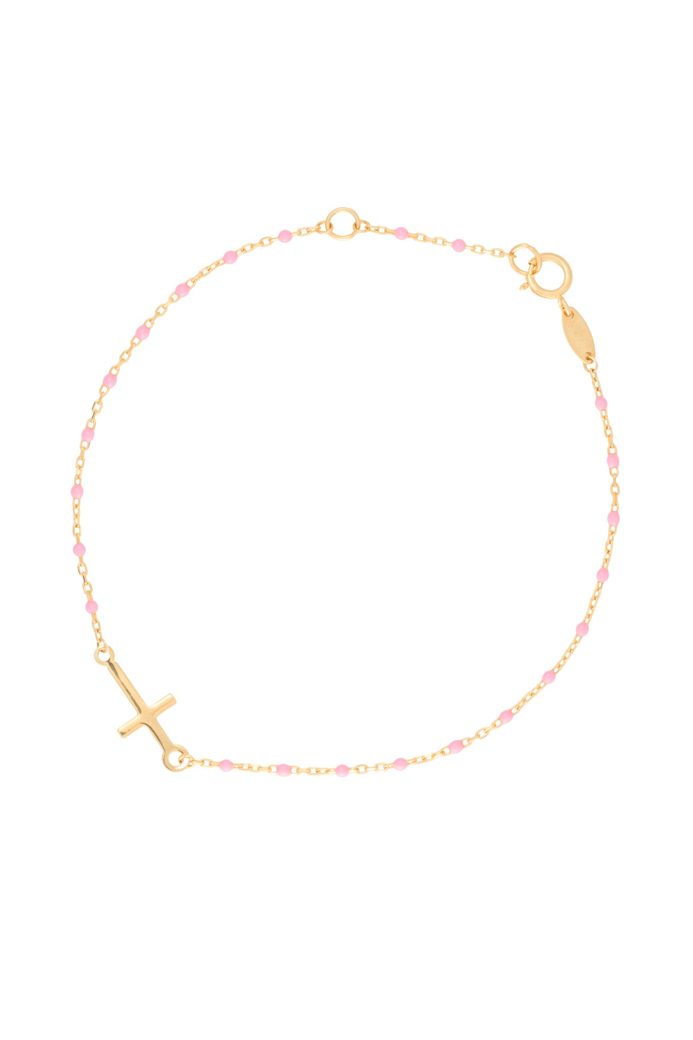Pulsera 10 kilates bolitas esmaltadas rosas y cruz.