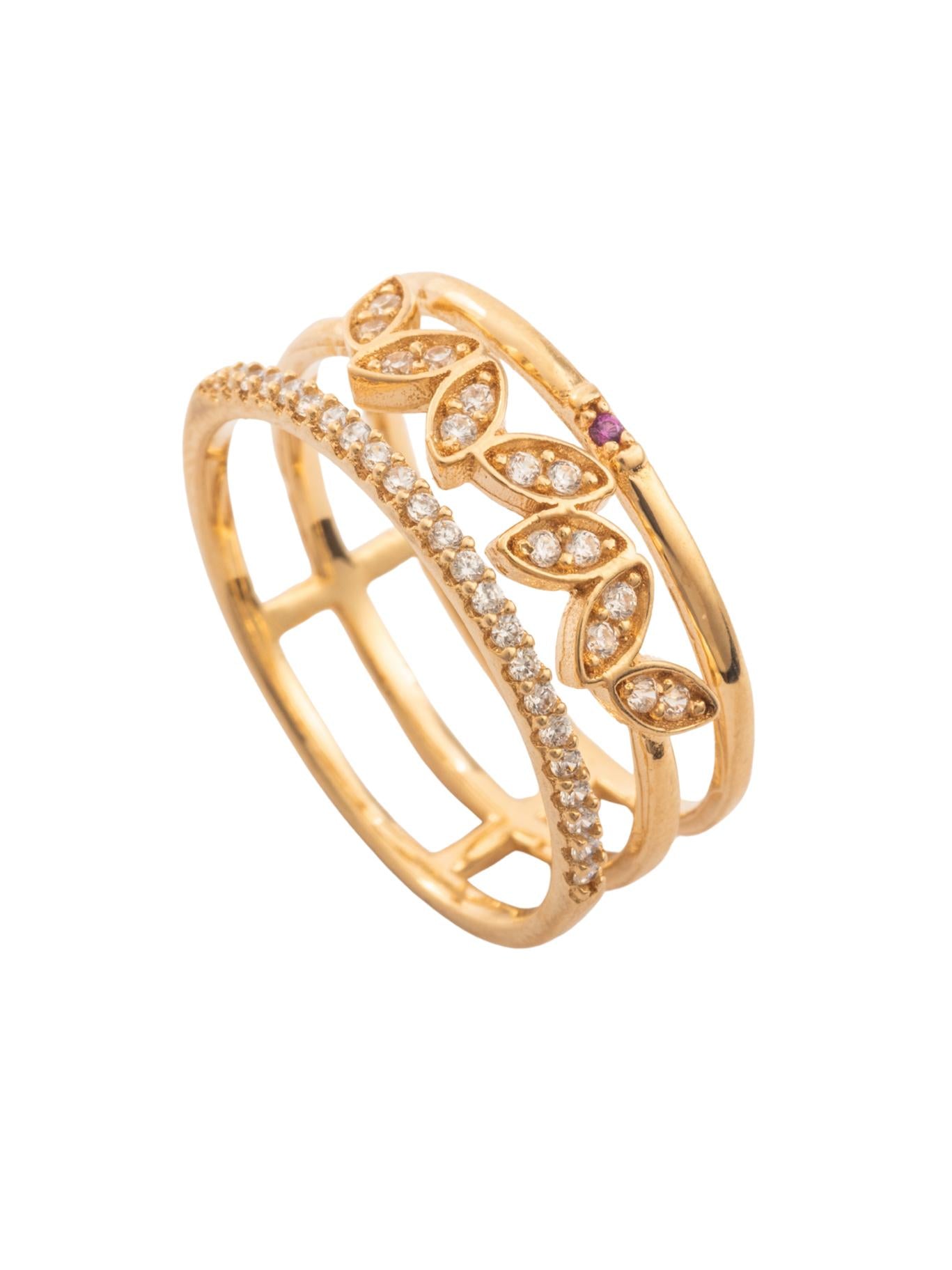 Anillo 10 kilates brazo triple, churumbela, hojas con zirconias y liso con zirconia mini al centro.png