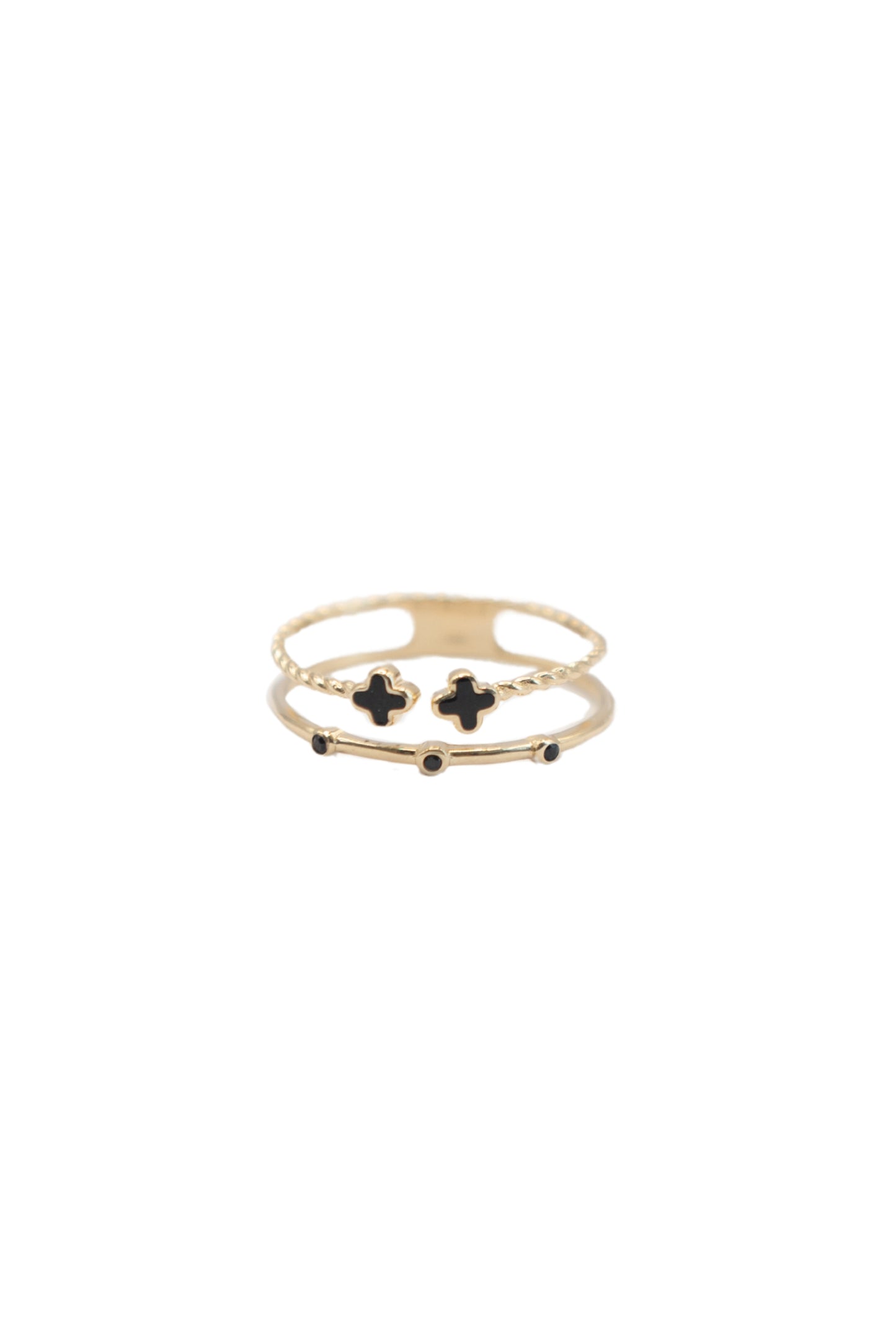 Anillo 10 kilates con brazo doble tejido cuerda y dos flores negras tres bolitas negras..png