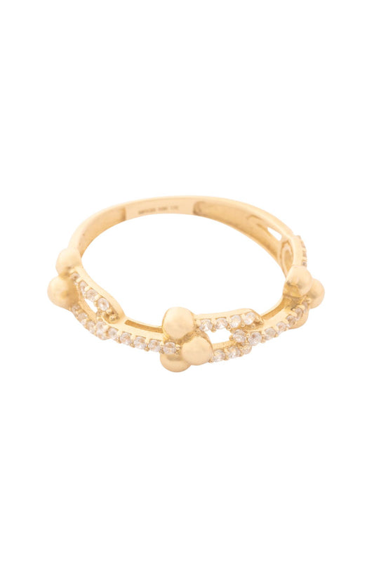 Anillo 10 kilates con forma de eslabones alargados con zirconias y bolitas lisas en puntas..png
