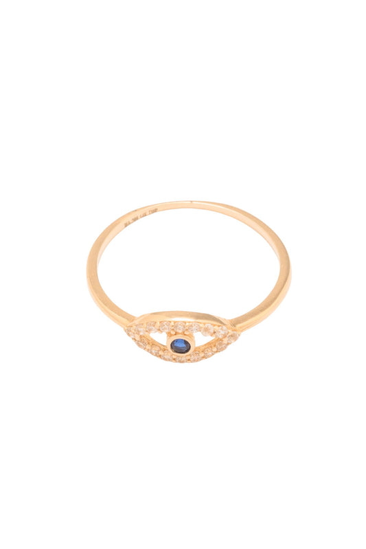 Anillo 10 kilates una silueta de ojo, contorno de zirconia y una zirconia azul rey al centro biselada..png