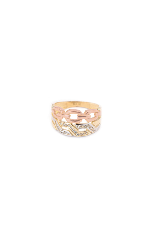Anillo 14 kilates brazo doble, uno eslabón tipo cadena oro rosa y eslabón cadena oro amarillo y centro zirconias oro blanco biseladas..png