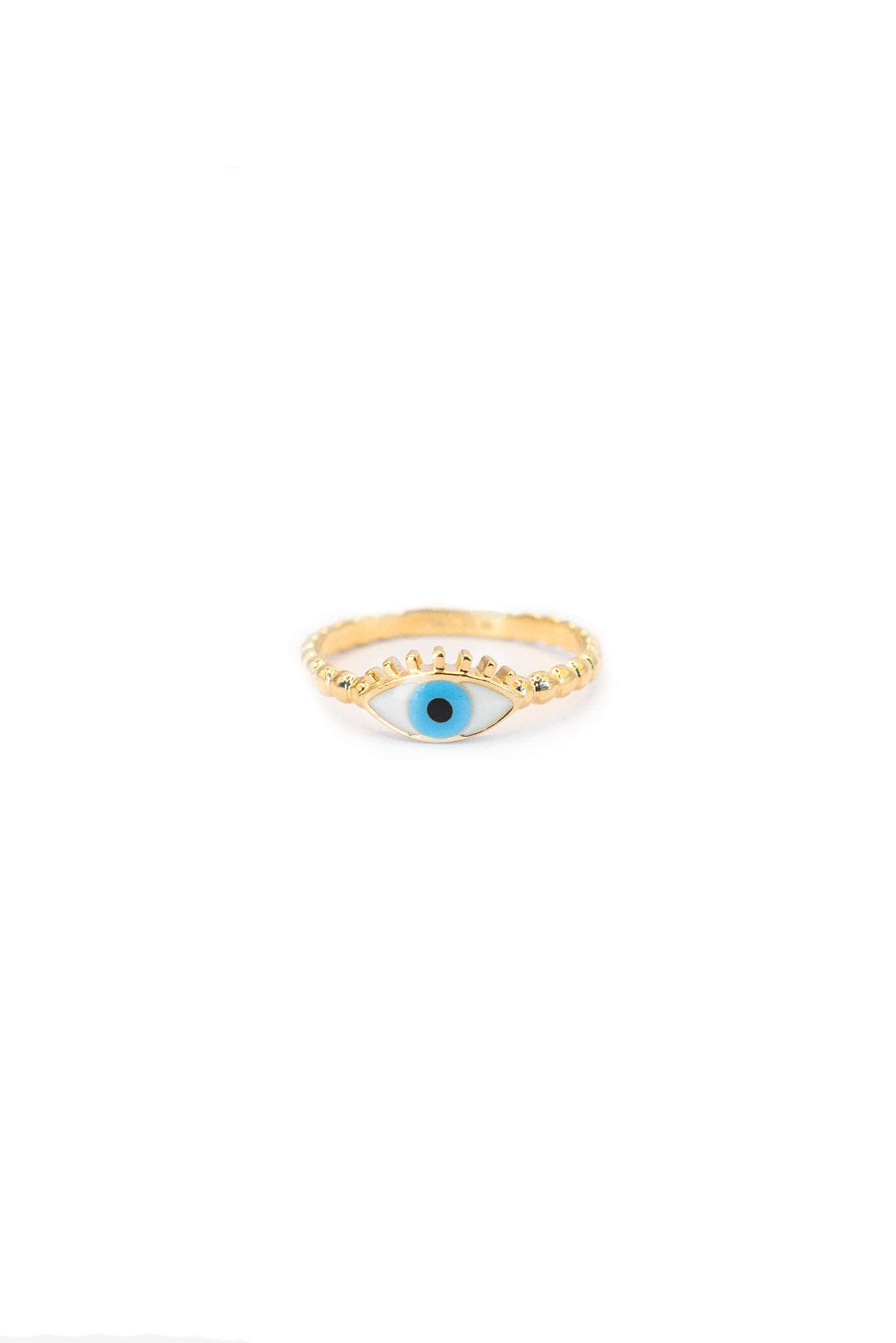 Anillo 14 kilates con brazo de bolitas lisas, centro ojo esmaltado blanco y azul con pestañas lisas..png