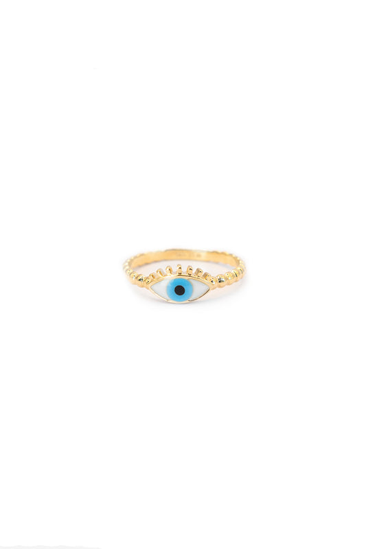 Anillo 14 kilates con brazo de bolitas lisas, centro ojo esmaltado blanco y azul con pestañas lisas..png